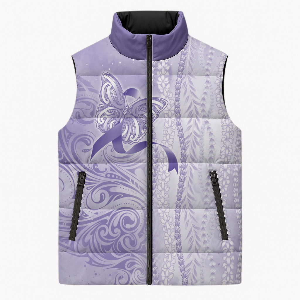Hawaii Epilepsy Support Purple Ribbon Strength Sleeveless Puffer Jacket Maile Pikake Lokelani Crown Flower Lei Inspired