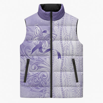 Hawaii Epilepsy Support Purple Ribbon Strength Sleeveless Puffer Jacket Maile Pikake Lokelani Crown Flower Lei Inspired