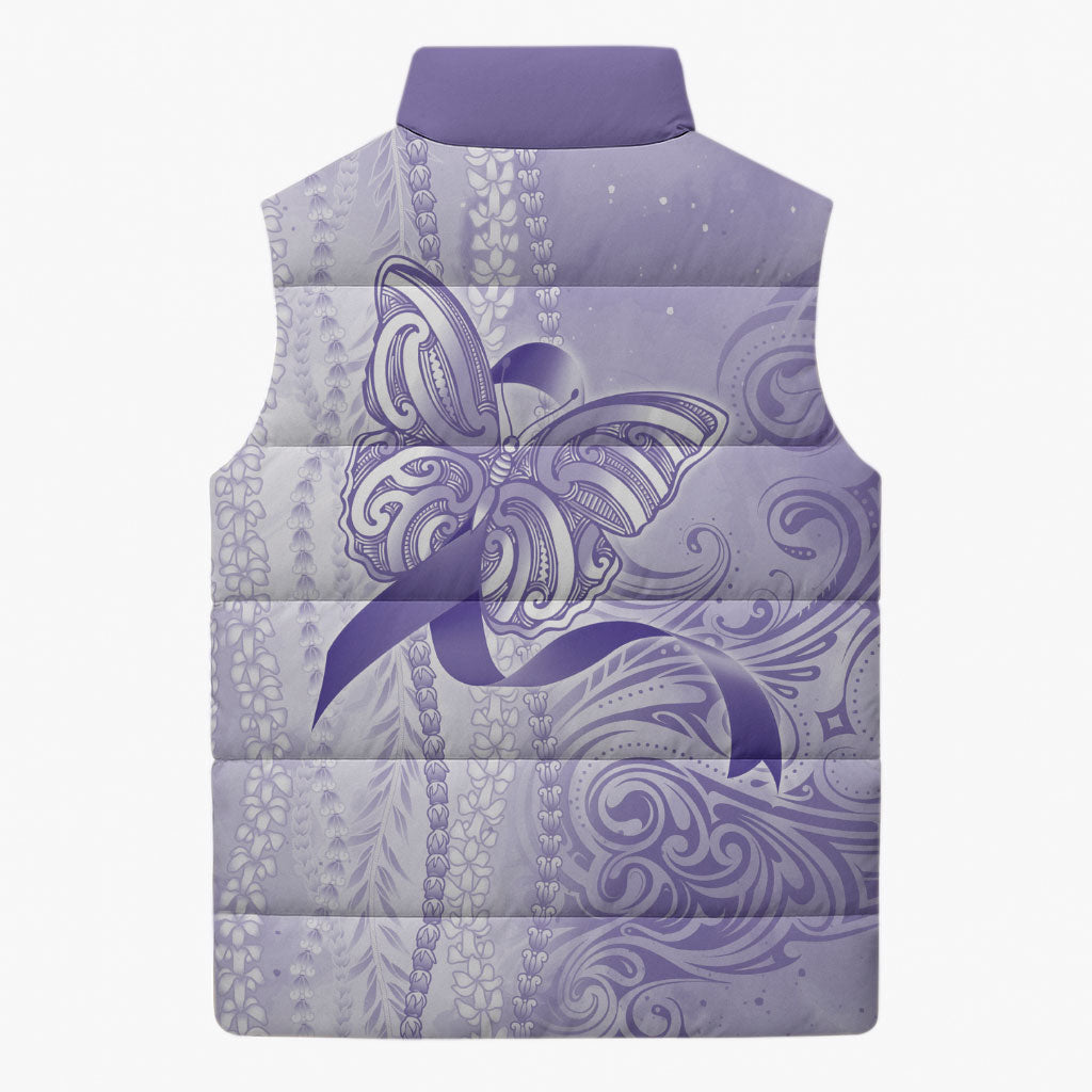 Hawaii Epilepsy Support Purple Ribbon Strength Sleeveless Puffer Jacket Maile Pikake Lokelani Crown Flower Lei Inspired