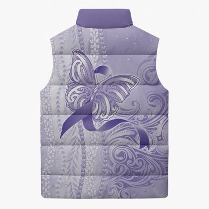 Hawaii Epilepsy Support Purple Ribbon Strength Sleeveless Puffer Jacket Maile Pikake Lokelani Crown Flower Lei Inspired