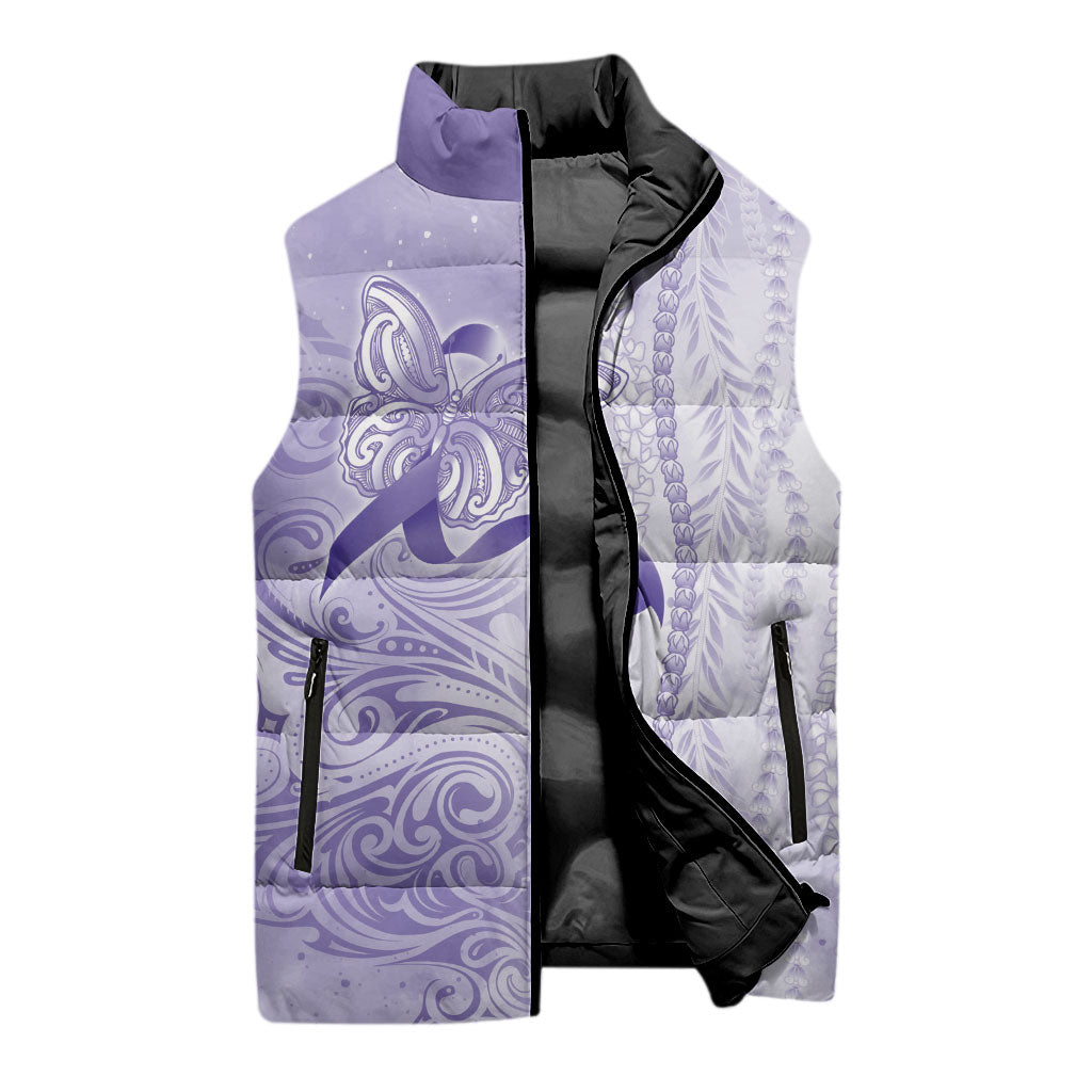 Hawaii Epilepsy Support Purple Ribbon Strength Sleeveless Puffer Jacket Maile Pikake Lokelani Crown Flower Lei Inspired