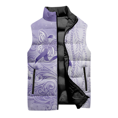 Hawaii Epilepsy Support Purple Ribbon Strength Sleeveless Puffer Jacket Maile Pikake Lokelani Crown Flower Lei Inspired