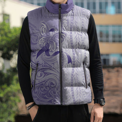 Hawaii Epilepsy Support Purple Ribbon Strength Sleeveless Puffer Jacket Maile Pikake Lokelani Crown Flower Lei Inspired