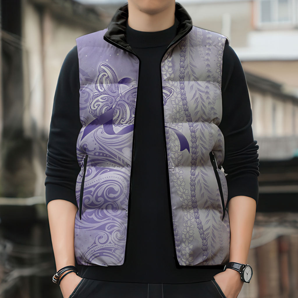Hawaii Epilepsy Support Purple Ribbon Strength Sleeveless Puffer Jacket Maile Pikake Lokelani Crown Flower Lei Inspired