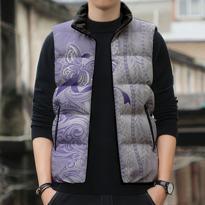 Hawaii Epilepsy Support Purple Ribbon Strength Sleeveless Puffer Jacket Maile Pikake Lokelani Crown Flower Lei Inspired