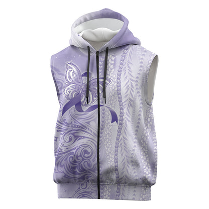 Hawaii Epilepsy Support Purple Ribbon Strength Sleeveless Zip Hoodie Maile Pikake Lokelani Crown Flower Lei Inspired