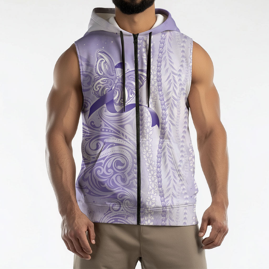 Hawaii Epilepsy Support Purple Ribbon Strength Sleeveless Zip Hoodie Maile Pikake Lokelani Crown Flower Lei Inspired