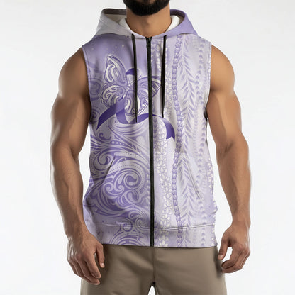 Hawaii Epilepsy Support Purple Ribbon Strength Sleeveless Zip Hoodie Maile Pikake Lokelani Crown Flower Lei Inspired