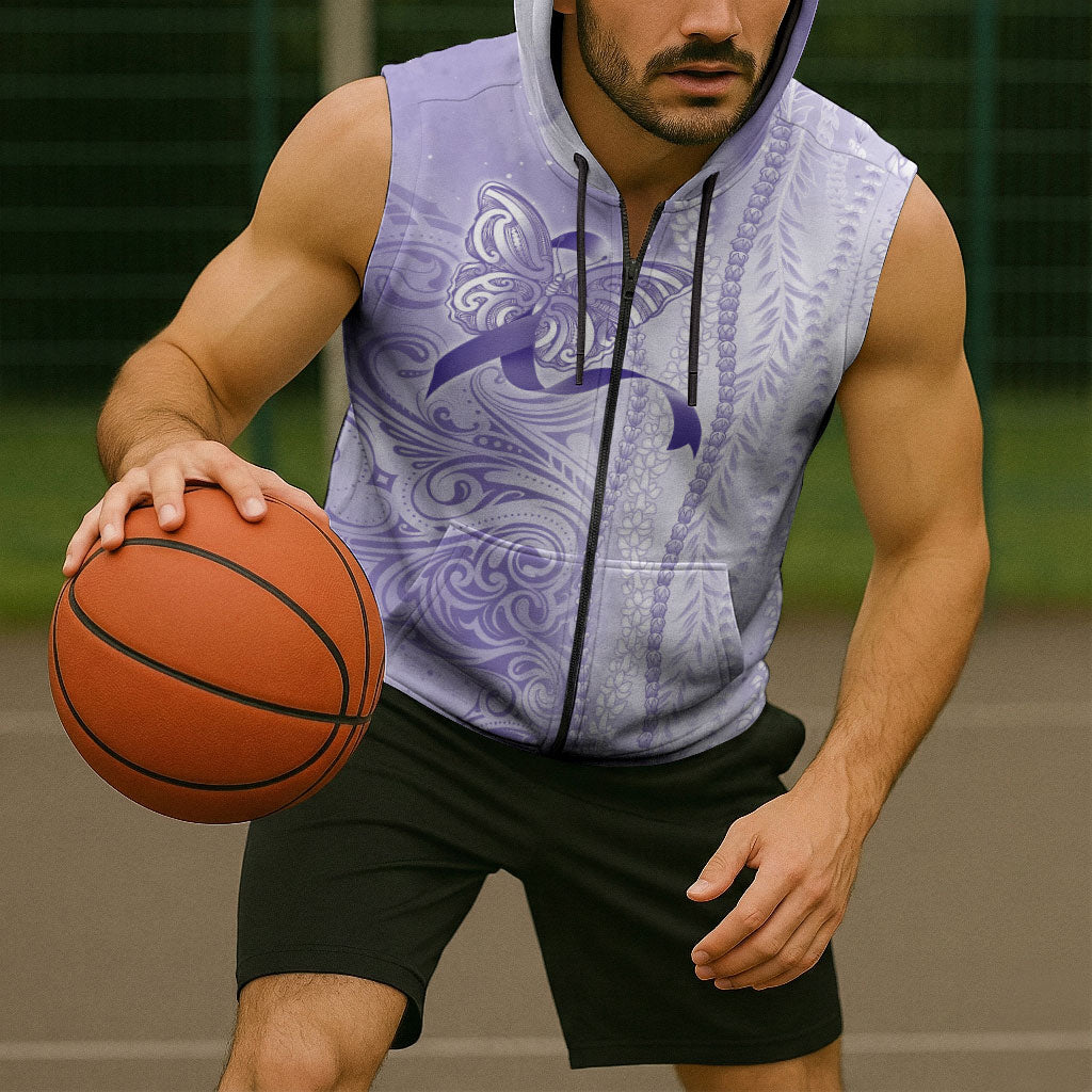 Hawaii Epilepsy Support Purple Ribbon Strength Sleeveless Zip Hoodie Maile Pikake Lokelani Crown Flower Lei Inspired