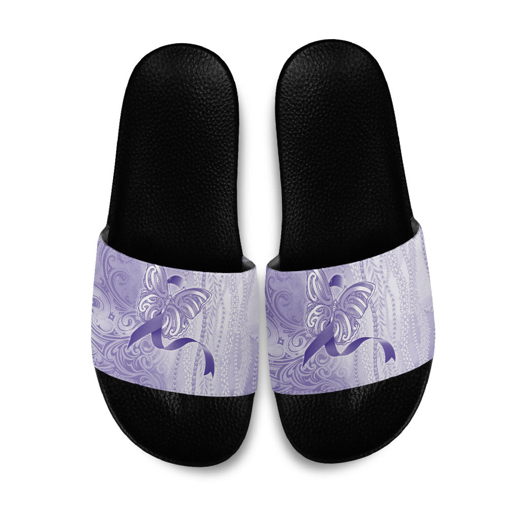 Hawaii Epilepsy Support Purple Ribbon Strength Slide Sandals Maile Pikake Lokelani Crown Flower Lei Inspired