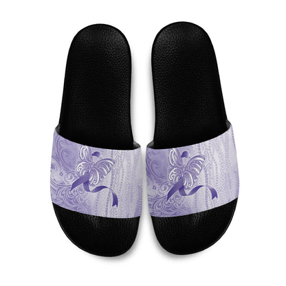 Hawaii Epilepsy Support Purple Ribbon Strength Slide Sandals Maile Pikake Lokelani Crown Flower Lei Inspired