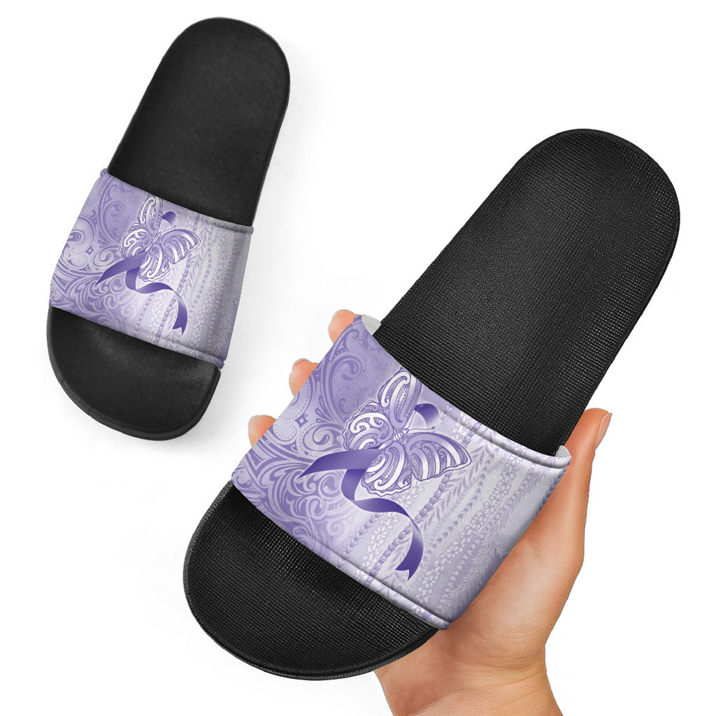 Hawaii Epilepsy Support Purple Ribbon Strength Slide Sandals Maile Pikake Lokelani Crown Flower Lei Inspired