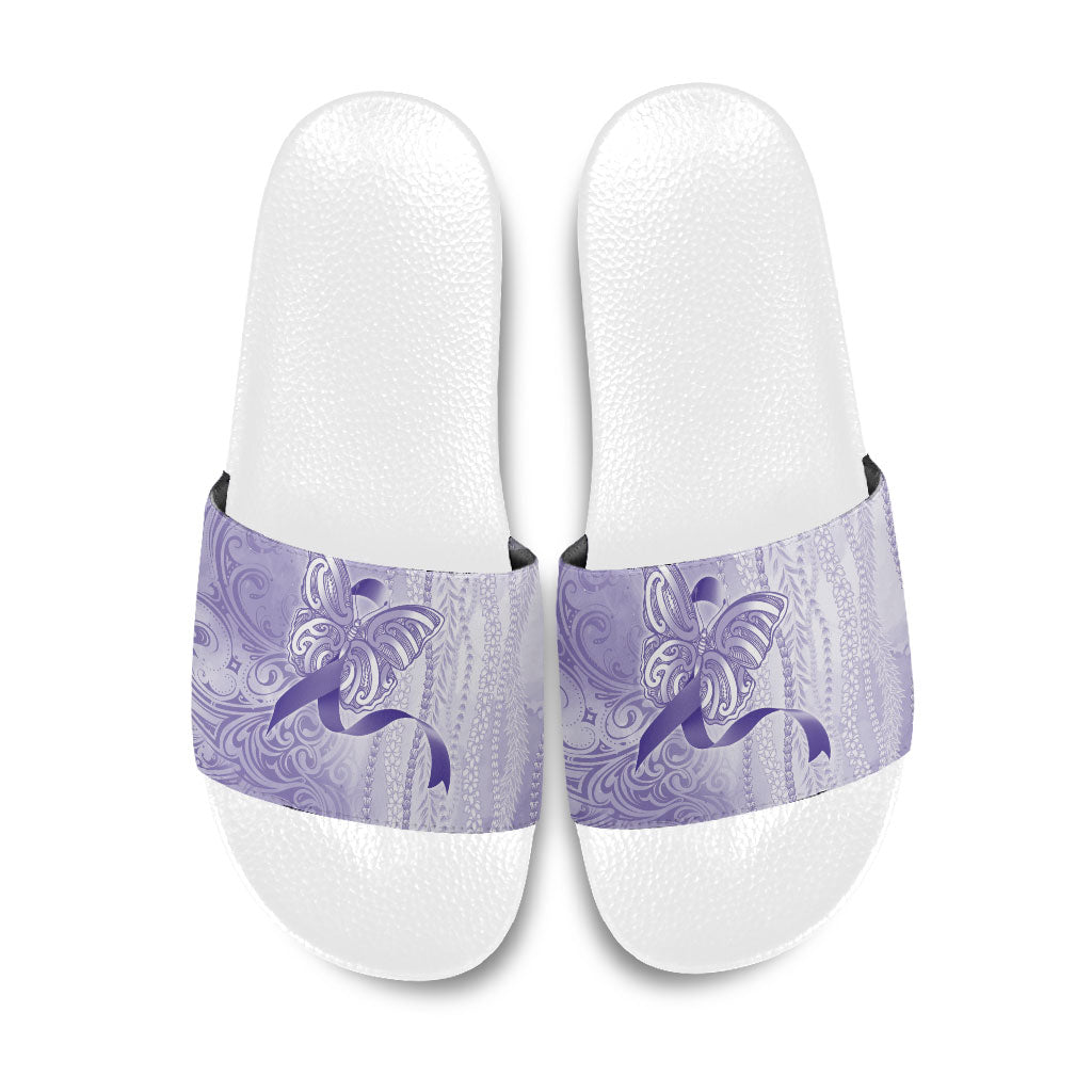 Hawaii Epilepsy Support Purple Ribbon Strength Slide Sandals Maile Pikake Lokelani Crown Flower Lei Inspired