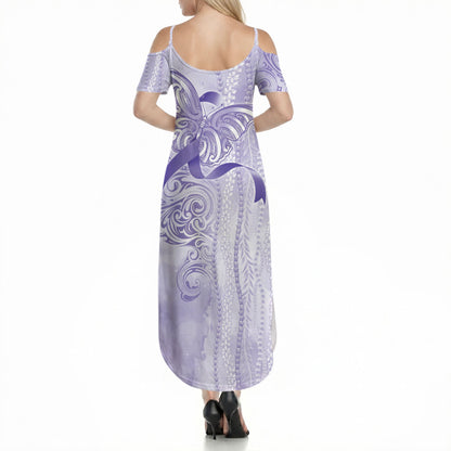 Hawaii Epilepsy Support Purple Ribbon Strength Summer Maxi Dress Maile Pikake Lokelani Crown Flower Lei Inspired