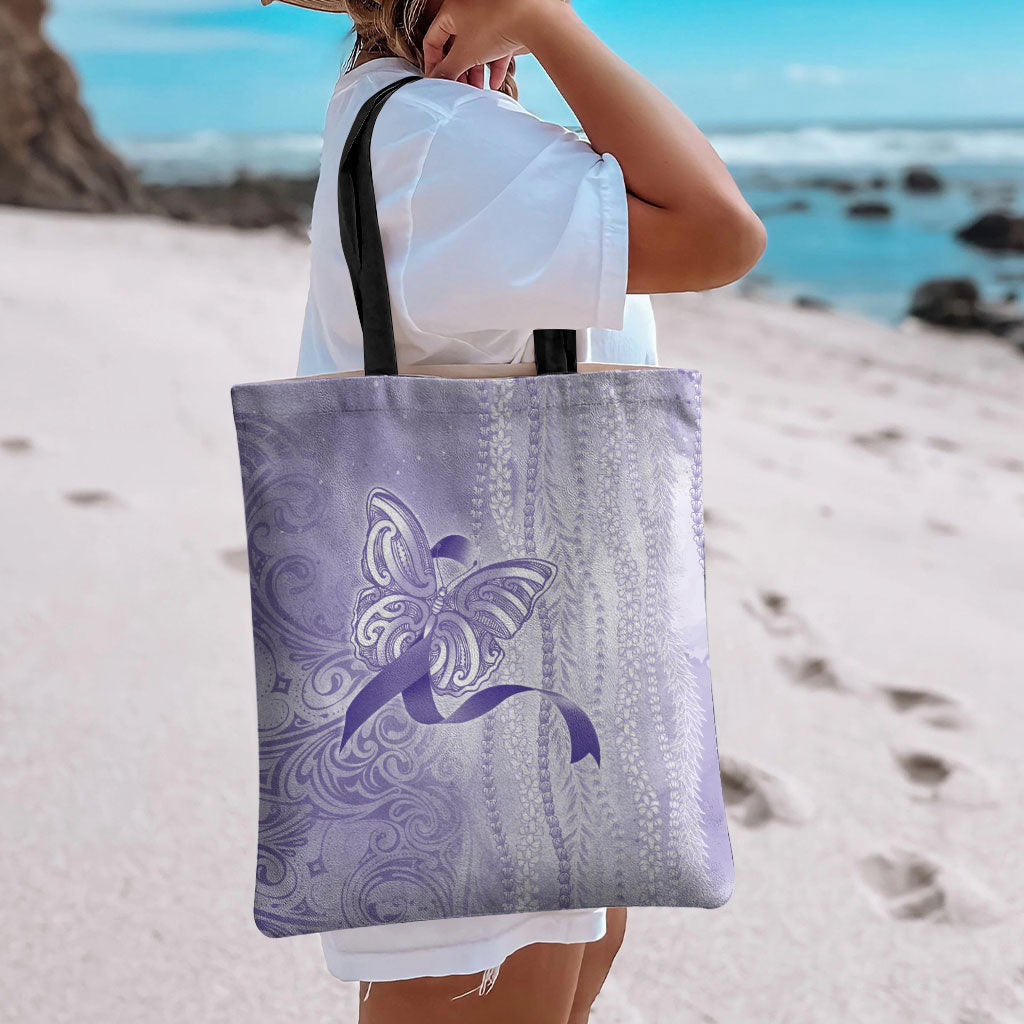 Hawaii Epilepsy Support Purple Ribbon Strength Tote Bag Maile Pikake Lokelani Crown Flower Lei Inspired