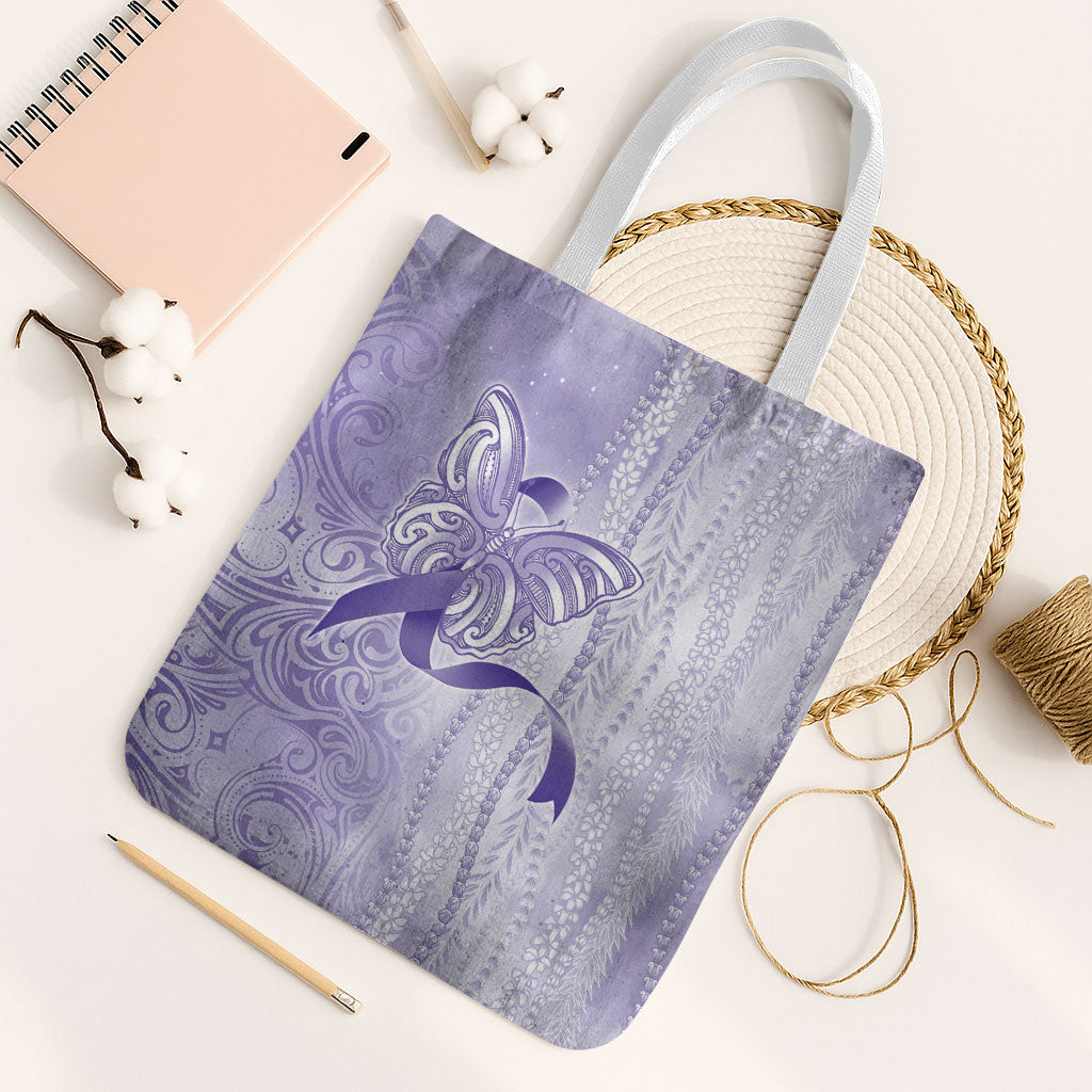 Hawaii Epilepsy Support Purple Ribbon Strength Tote Bag Maile Pikake Lokelani Crown Flower Lei Inspired
