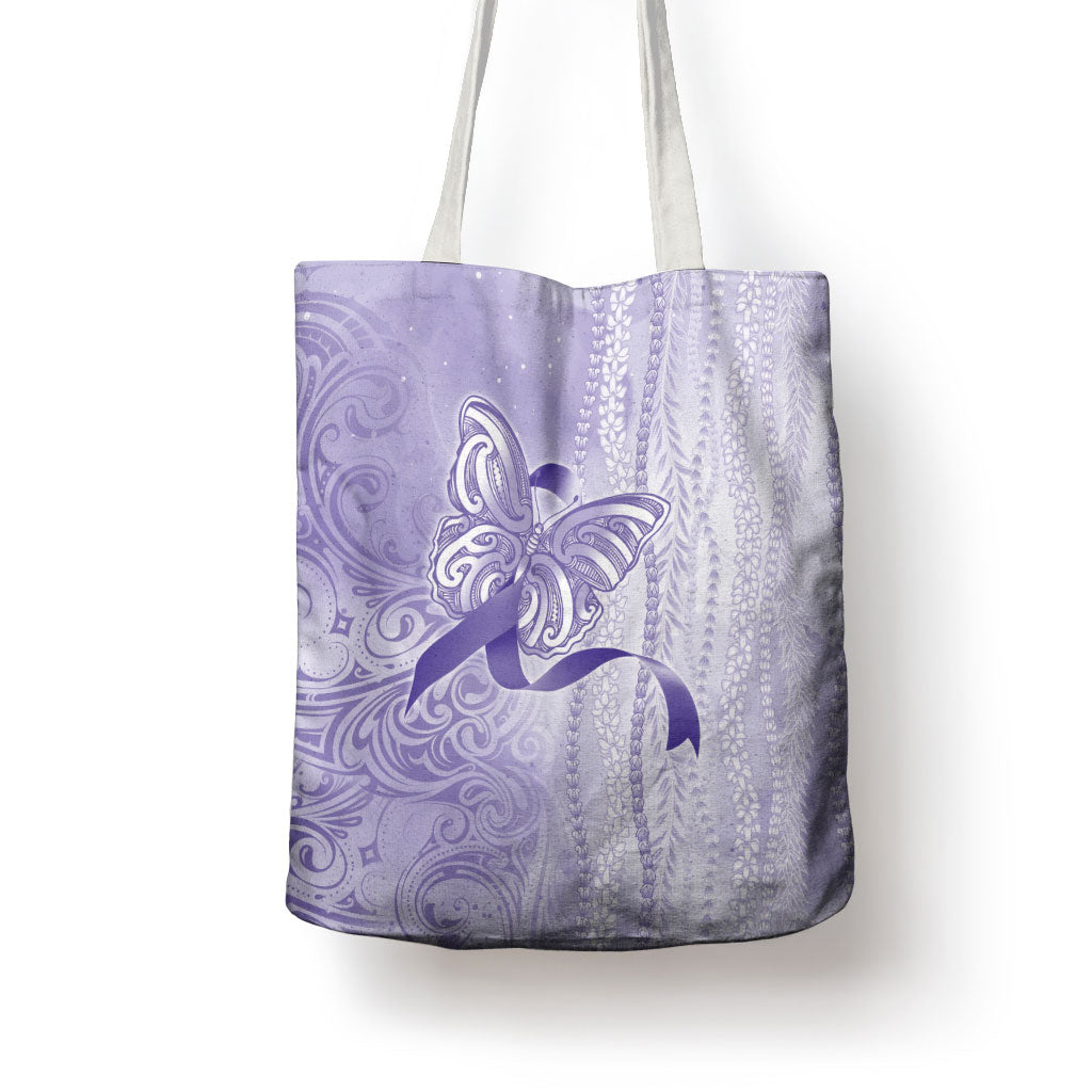 Hawaii Epilepsy Support Purple Ribbon Strength Tote Bag Maile Pikake Lokelani Crown Flower Lei Inspired