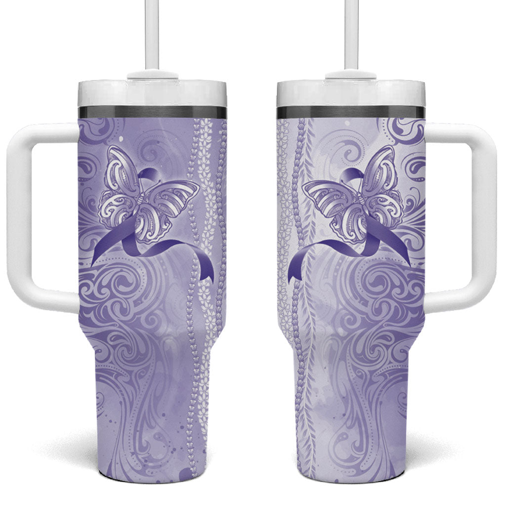 Hawaii Epilepsy Support Purple Ribbon Strength Tumbler With Handle Maile Pikake Lokelani Crown Flower Lei Inspired