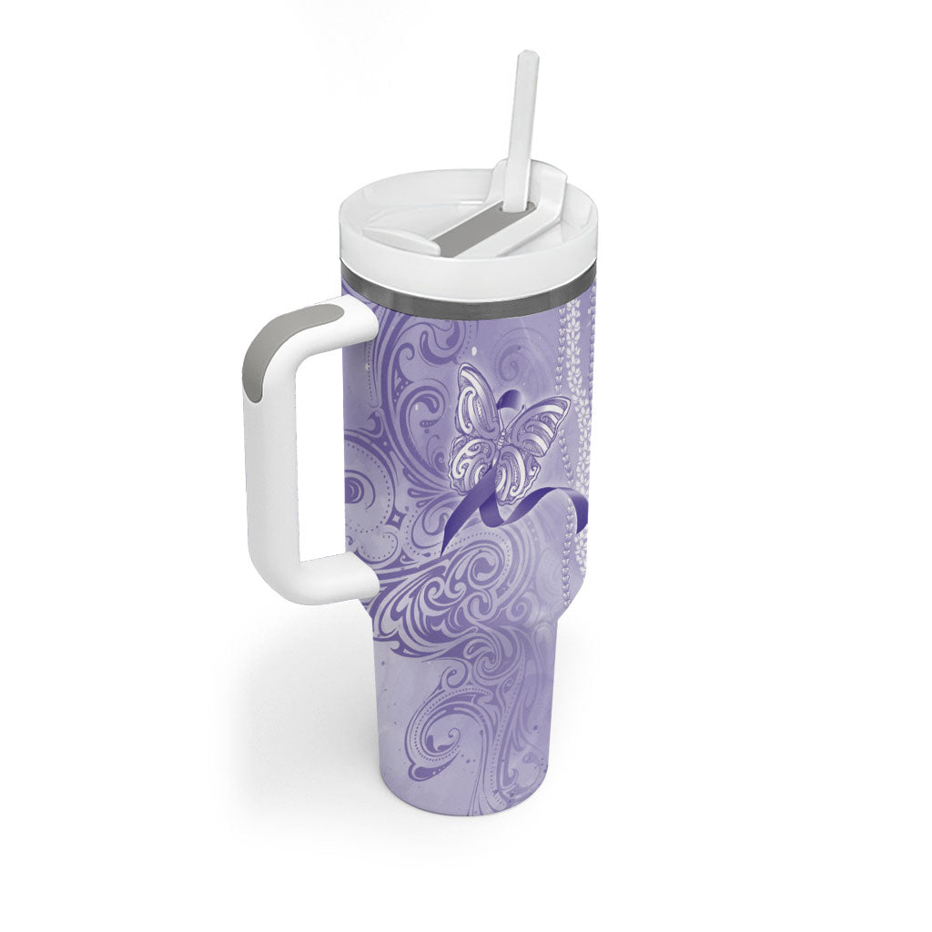Hawaii Epilepsy Support Purple Ribbon Strength Tumbler With Handle Maile Pikake Lokelani Crown Flower Lei Inspired
