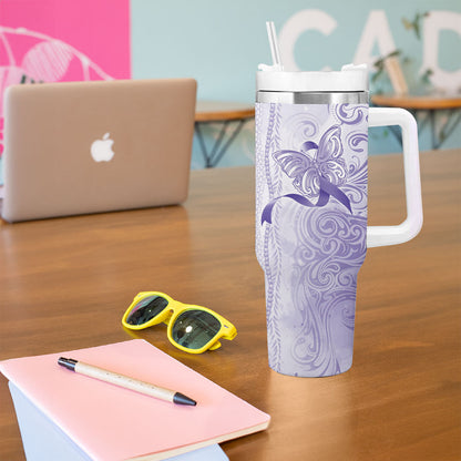 Hawaii Epilepsy Support Purple Ribbon Strength Tumbler With Handle Maile Pikake Lokelani Crown Flower Lei Inspired