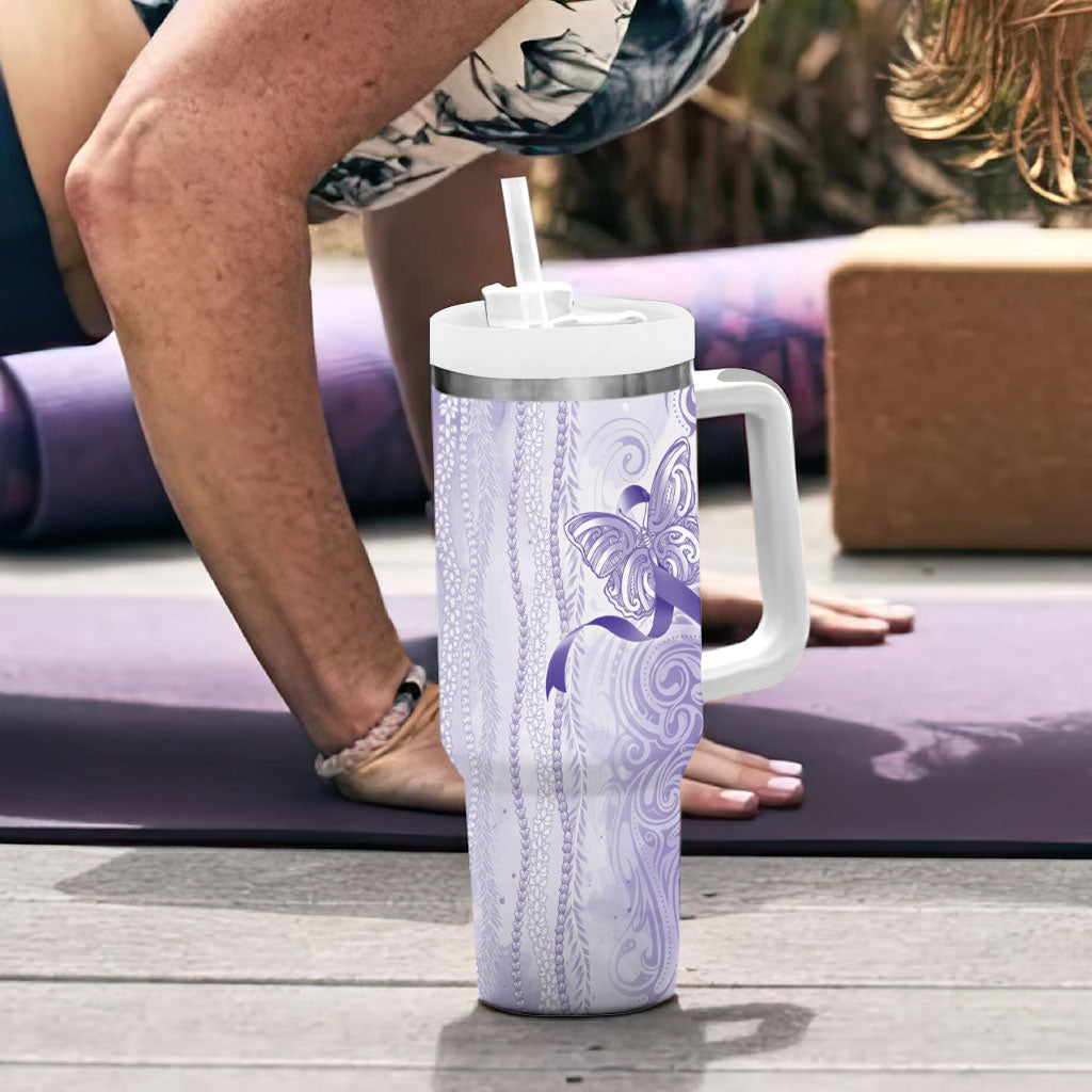 Hawaii Epilepsy Support Purple Ribbon Strength Tumbler With Handle Maile Pikake Lokelani Crown Flower Lei Inspired