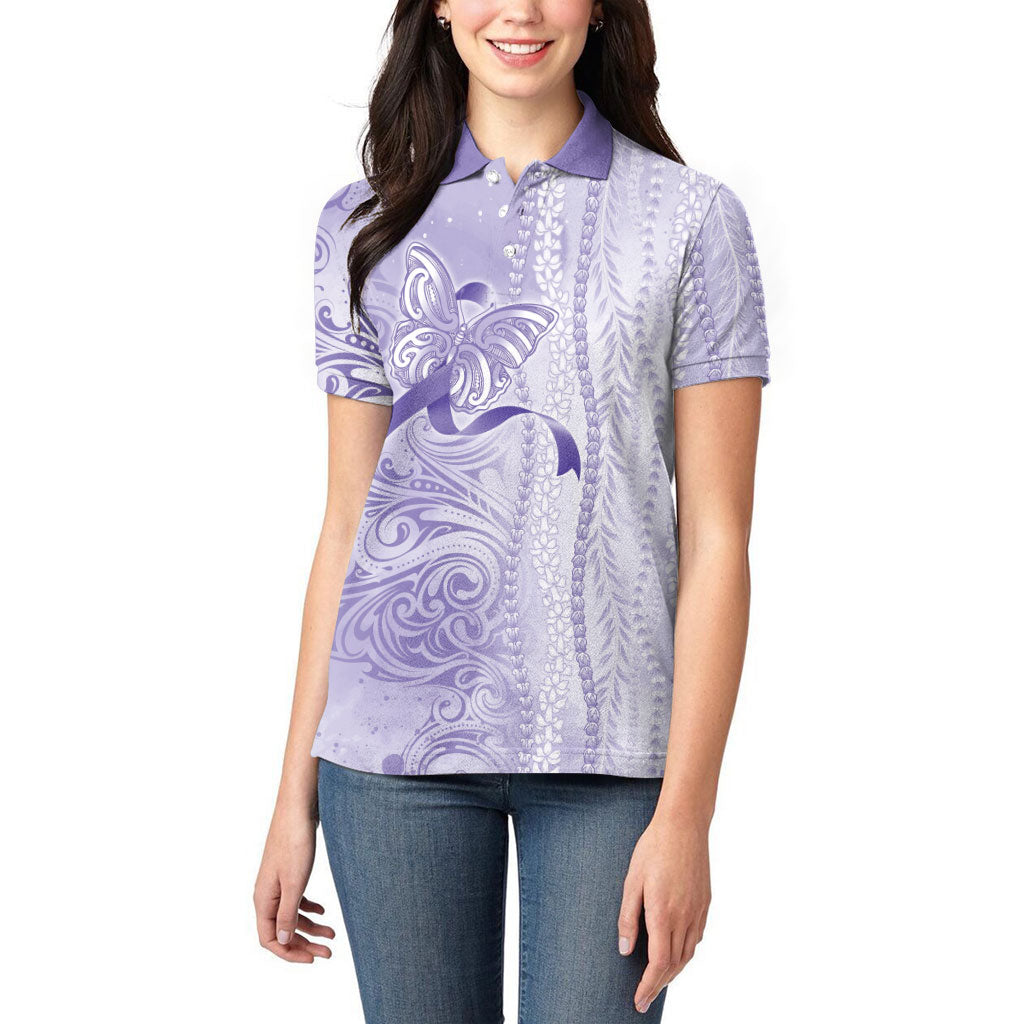 Hawaii Epilepsy Support Purple Ribbon Strength Women Polo Shirt Maile Pikake Lokelani Crown Flower Lei Inspired