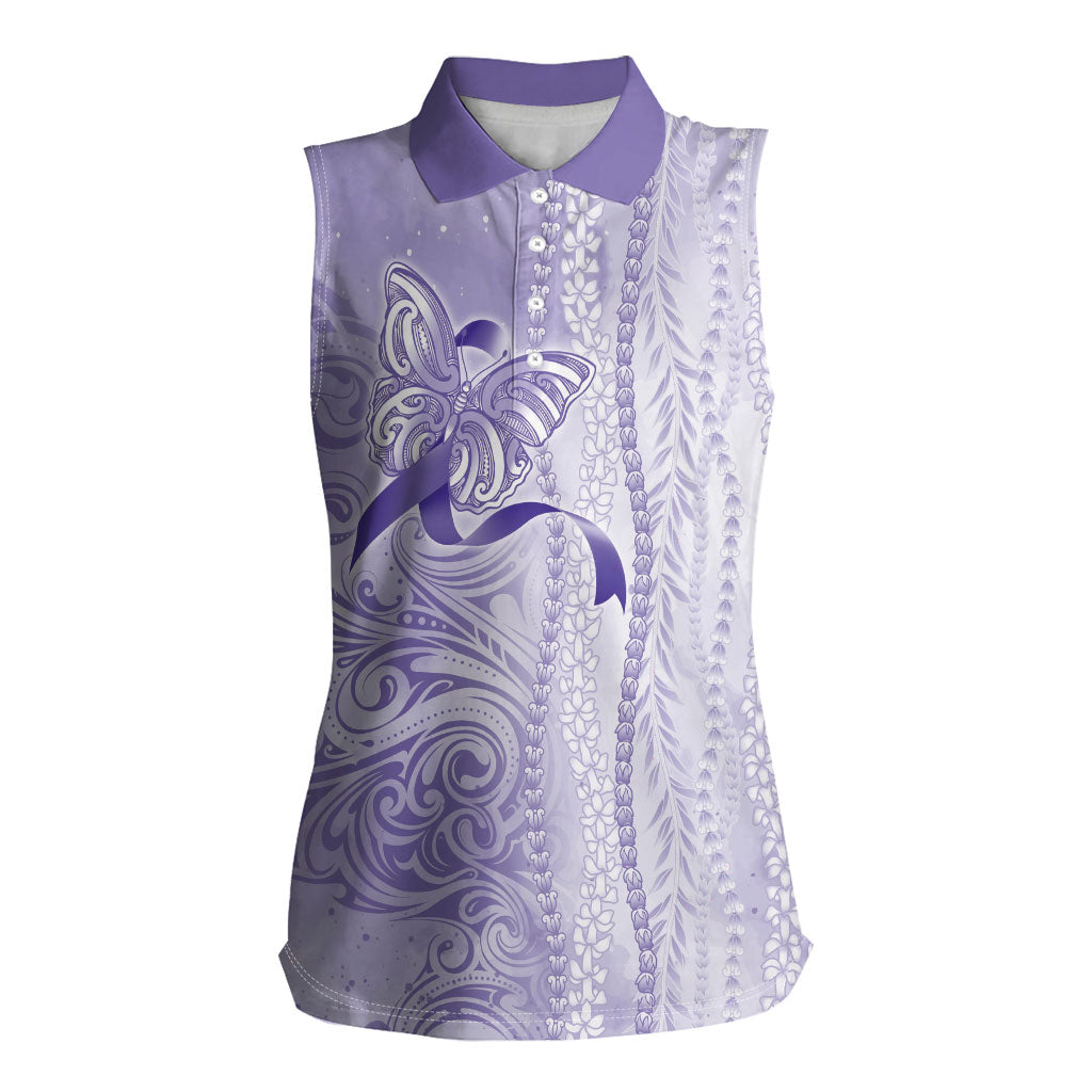 Hawaii Epilepsy Support Purple Ribbon Strength Women Sleeveless Polo Shirt Maile Pikake Lokelani Crown Flower Lei Inspired