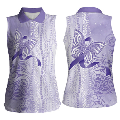 Hawaii Epilepsy Support Purple Ribbon Strength Women Sleeveless Polo Shirt Maile Pikake Lokelani Crown Flower Lei Inspired
