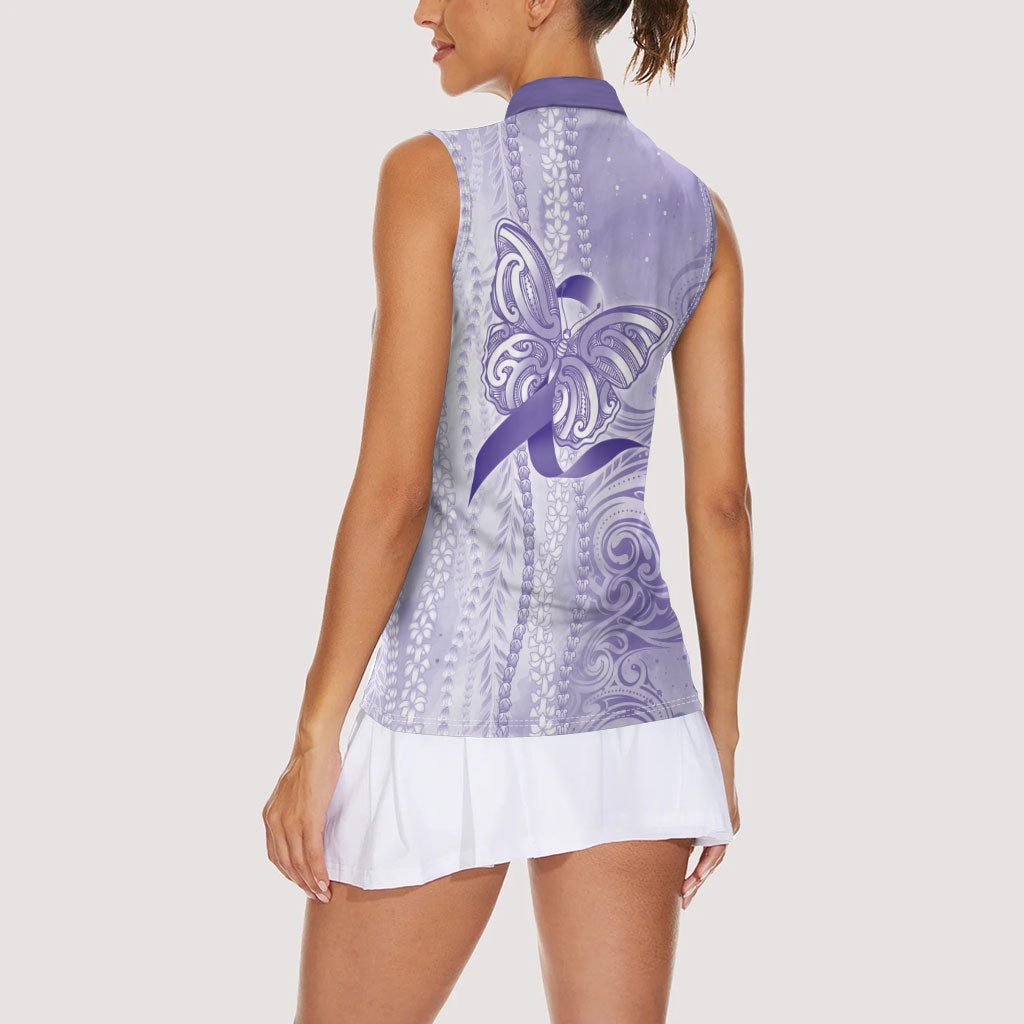 Hawaii Epilepsy Support Purple Ribbon Strength Women Sleeveless Polo Shirt Maile Pikake Lokelani Crown Flower Lei Inspired