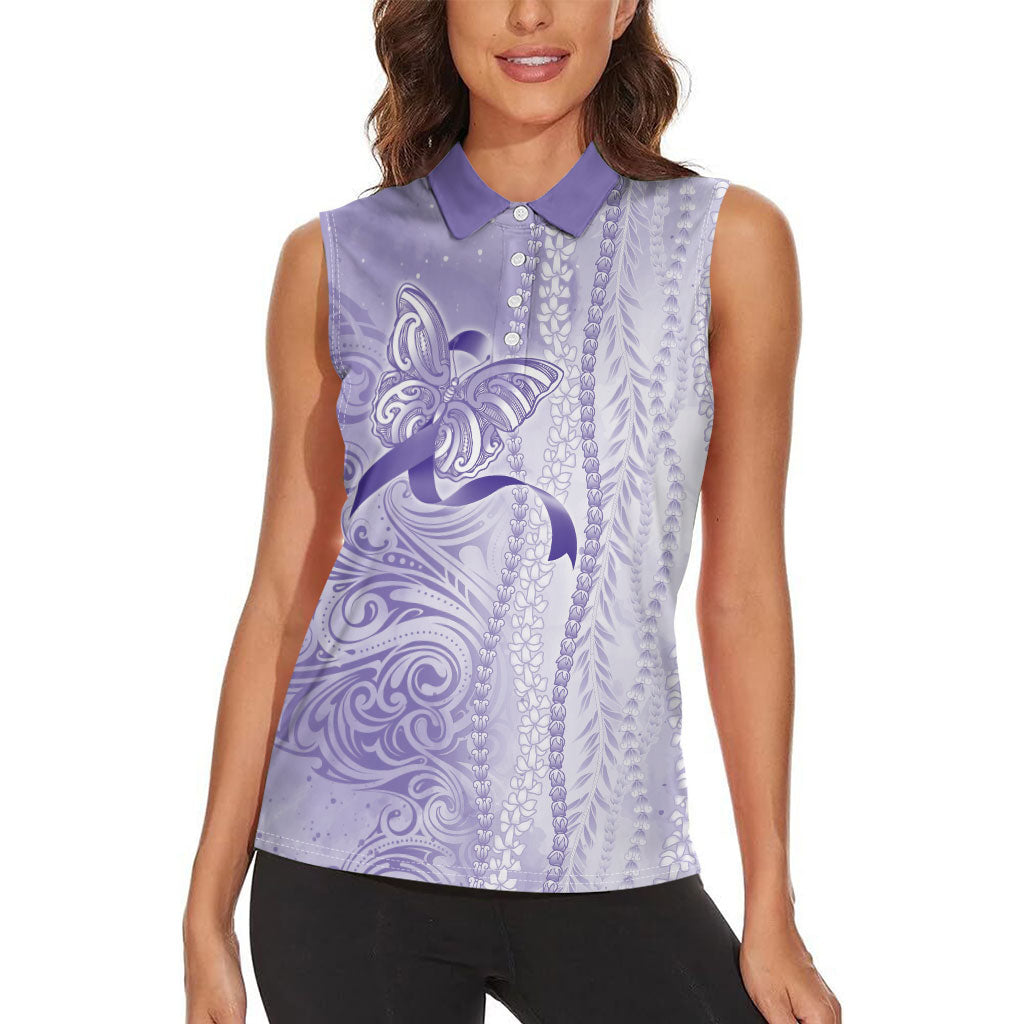 Hawaii Epilepsy Support Purple Ribbon Strength Women Sleeveless Polo Shirt Maile Pikake Lokelani Crown Flower Lei Inspired
