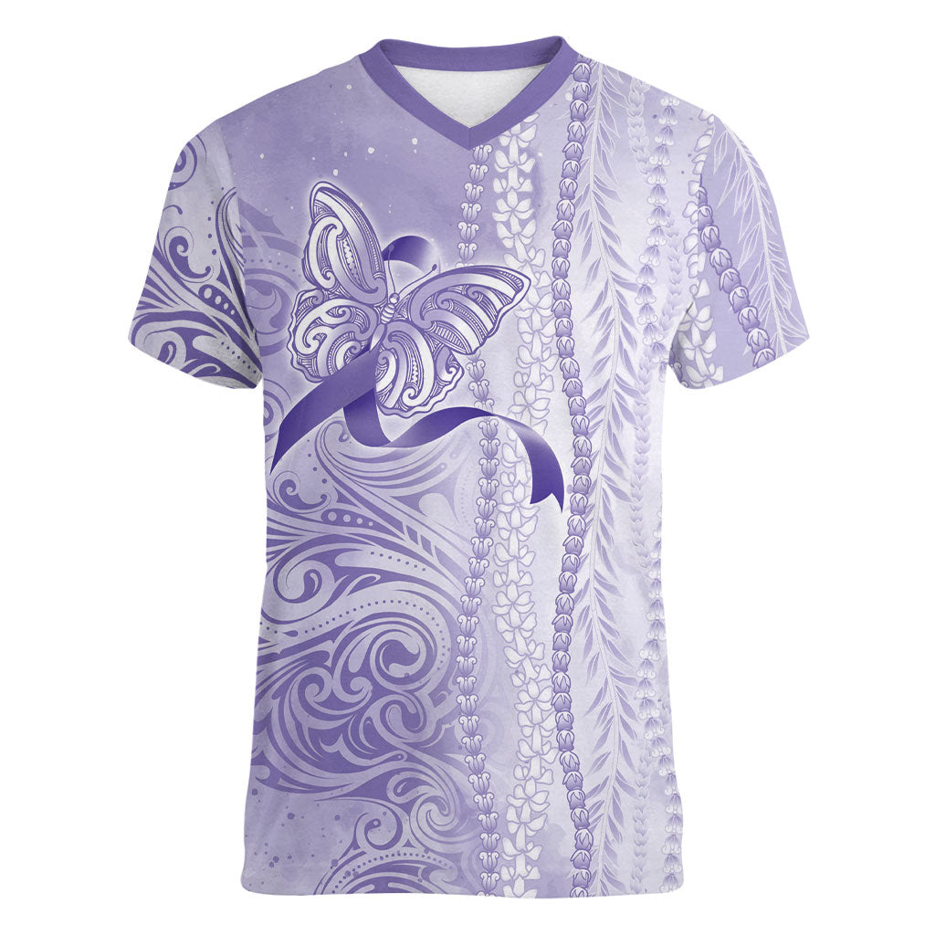 Hawaii Epilepsy Support Purple Ribbon Strength Women V-Neck T-Shirt Maile Pikake Lokelani Crown Flower Lei Inspired