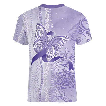 Hawaii Epilepsy Support Purple Ribbon Strength Women V-Neck T-Shirt Maile Pikake Lokelani Crown Flower Lei Inspired