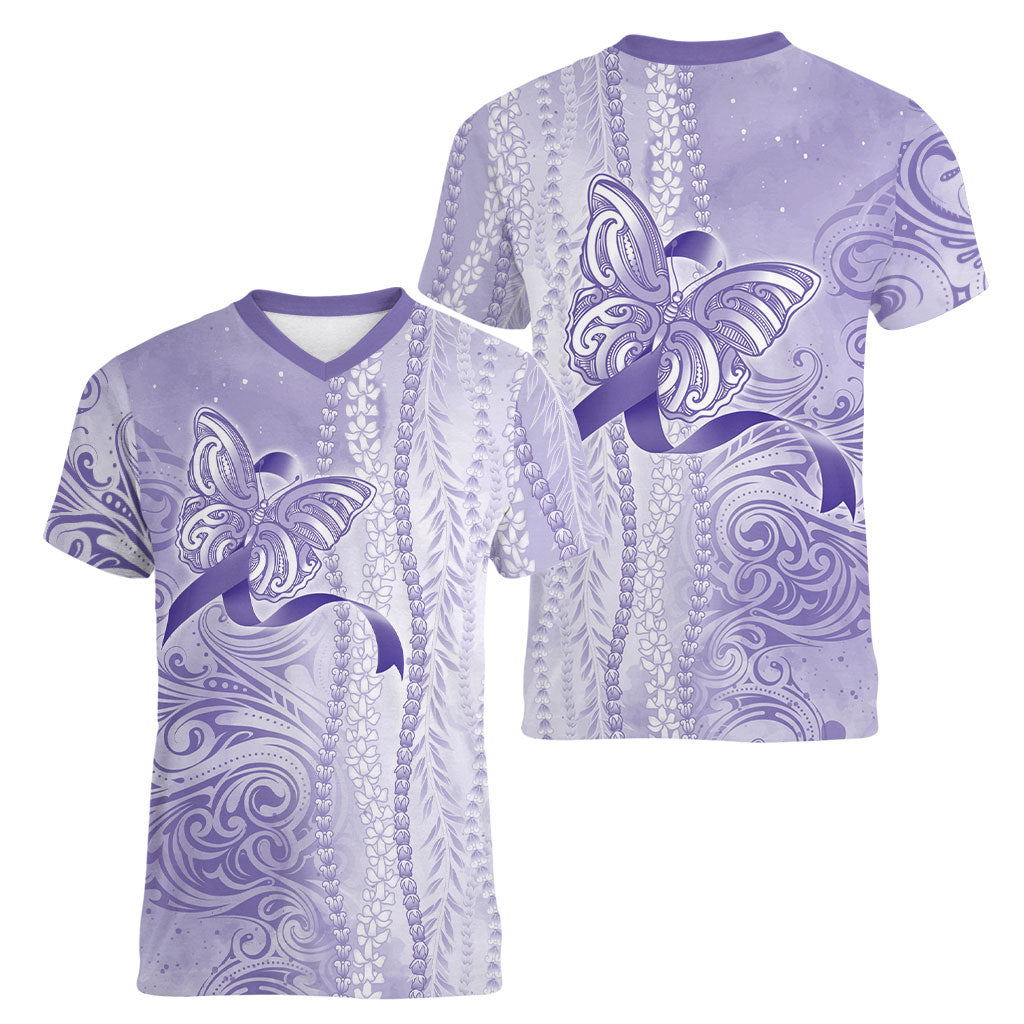 Hawaii Epilepsy Support Purple Ribbon Strength Women V-Neck T-Shirt Maile Pikake Lokelani Crown Flower Lei Inspired