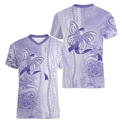 Hawaii Epilepsy Support Purple Ribbon Strength Women V-Neck T-Shirt Maile Pikake Lokelani Crown Flower Lei Inspired