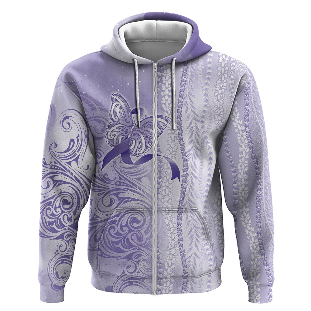 Hawaii Epilepsy Support Purple Ribbon Strength Zip Hoodie Maile Pikake Lokelani Crown Flower Lei Inspired