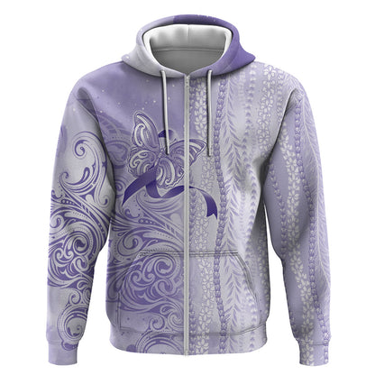 Hawaii Epilepsy Support Purple Ribbon Strength Zip Hoodie Maile Pikake Lokelani Crown Flower Lei Inspired