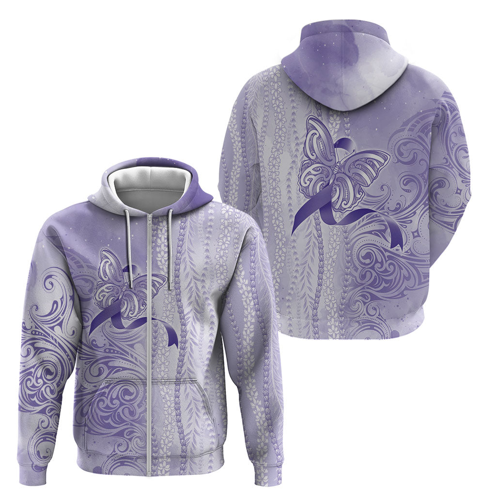 Hawaii Epilepsy Support Purple Ribbon Strength Zip Hoodie Maile Pikake Lokelani Crown Flower Lei Inspired