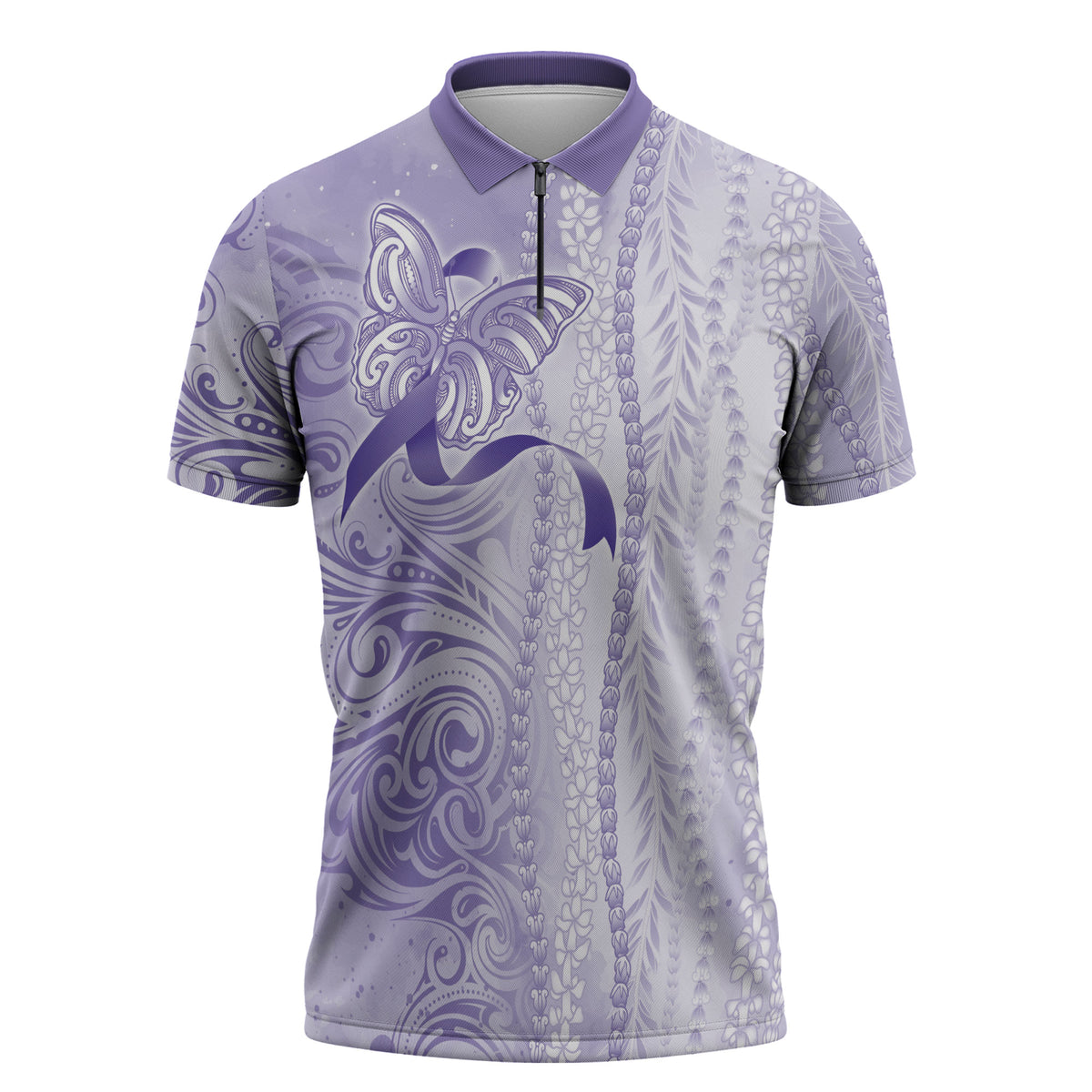 Hawaii Epilepsy Support Purple Ribbon Strength Zipper Polo Shirt Maile Pikake Lokelani Crown Flower Lei Inspired