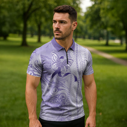 Hawaii Epilepsy Support Purple Ribbon Strength Zipper Polo Shirt Maile Pikake Lokelani Crown Flower Lei Inspired