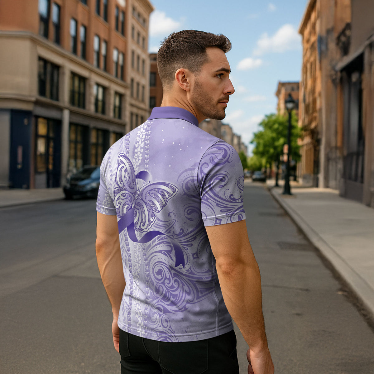 Hawaii Epilepsy Support Purple Ribbon Strength Zipper Polo Shirt Maile Pikake Lokelani Crown Flower Lei Inspired