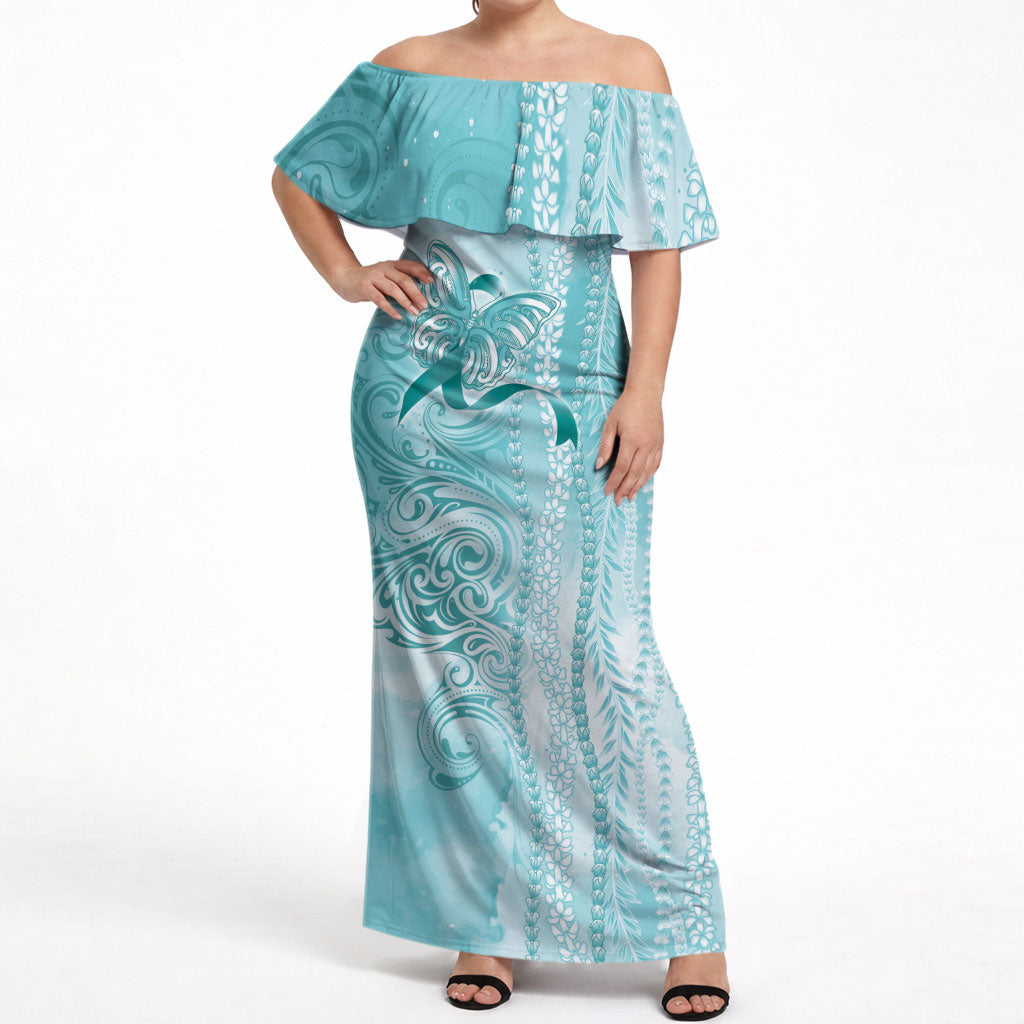 Hawaii PTSD Support Healing From Trauma Off Shoulder Maxi Dress Maile Pikake Lokelani Crown Flower Lei Inspired