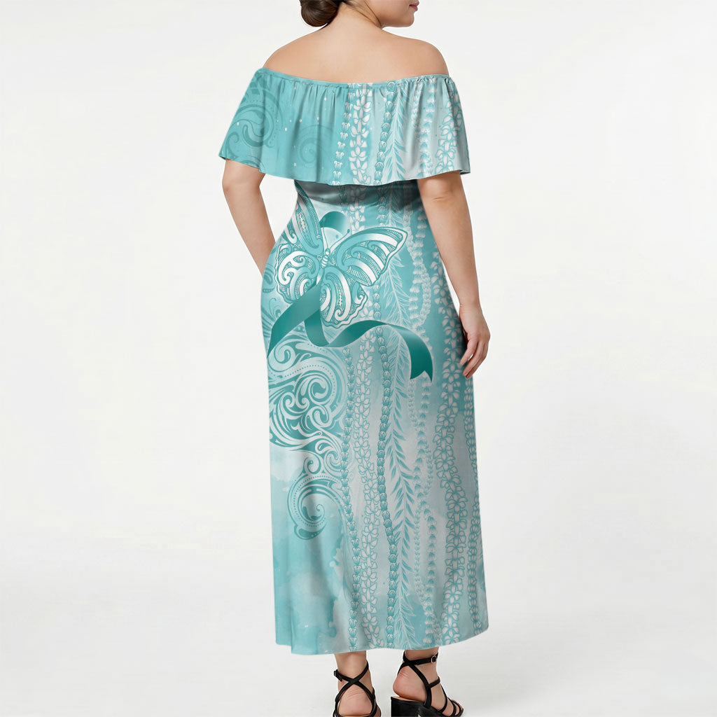 Hawaii PTSD Support Healing From Trauma Off Shoulder Maxi Dress Maile Pikake Lokelani Crown Flower Lei Inspired