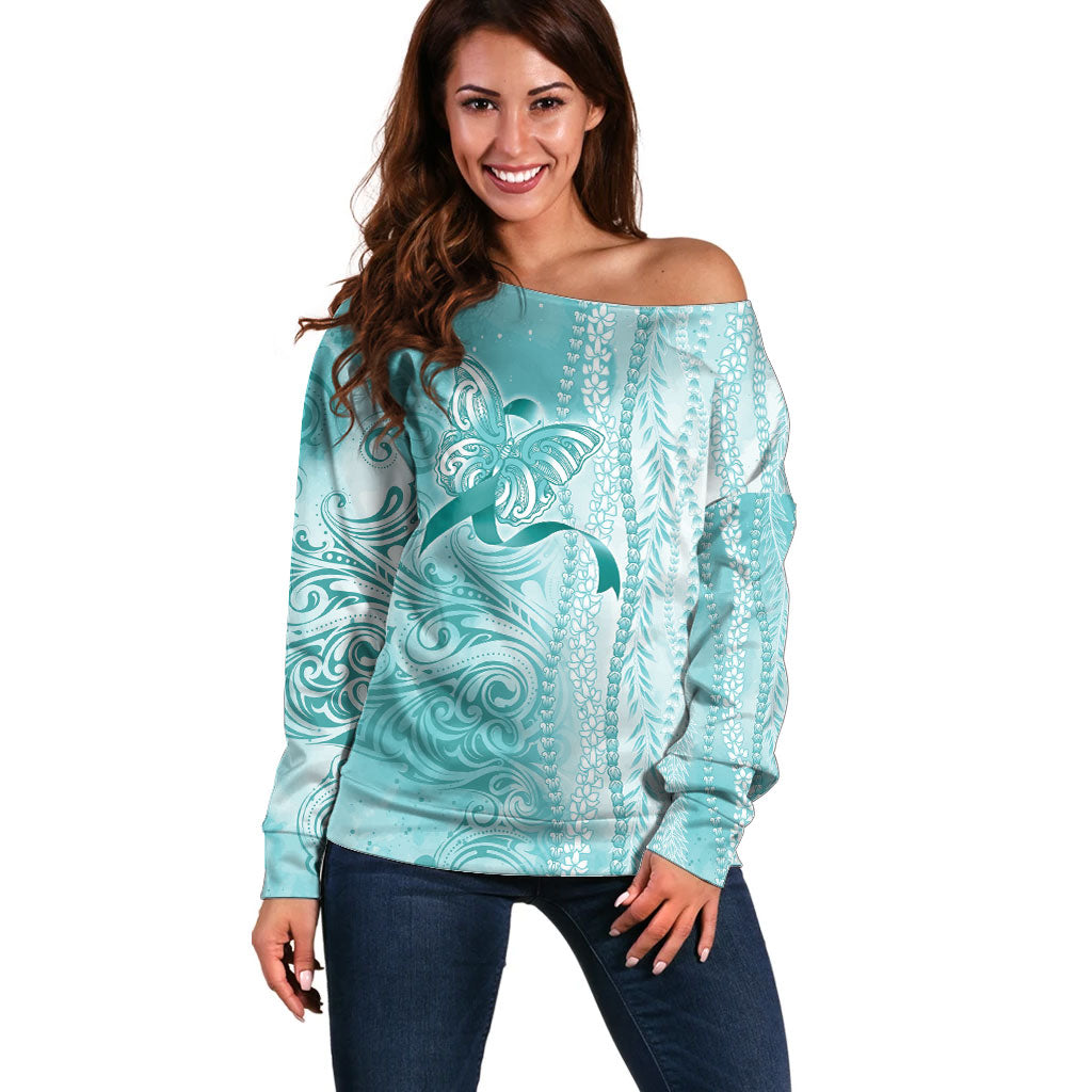 Hawaii PTSD Support Healing From Trauma Off Shoulder Sweater Maile Pikake Lokelani Crown Flower Lei Inspired