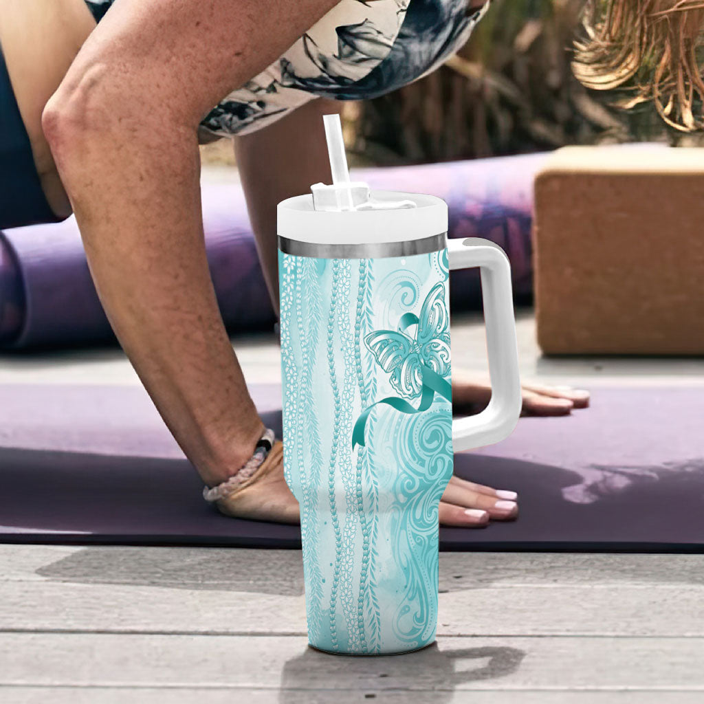 Hawaii PTSD Support Healing From Trauma Tumbler With Handle Maile Pikake Lokelani Crown Flower Lei Inspired