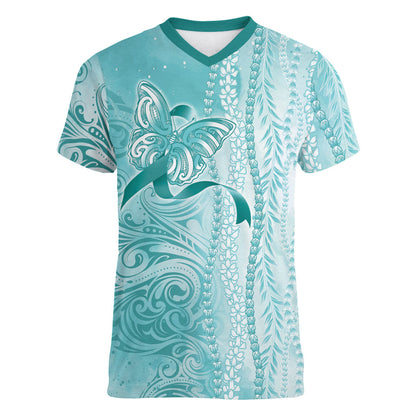 Hawaii PTSD Support Healing From Trauma Women V-Neck T-Shirt Maile Pikake Lokelani Crown Flower Lei Inspired