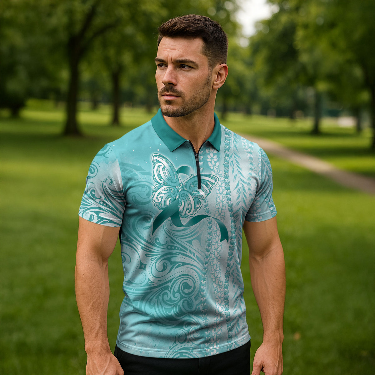 Hawaii PTSD Support Healing From Trauma Zipper Polo Shirt Maile Pikake Lokelani Crown Flower Lei Inspired
