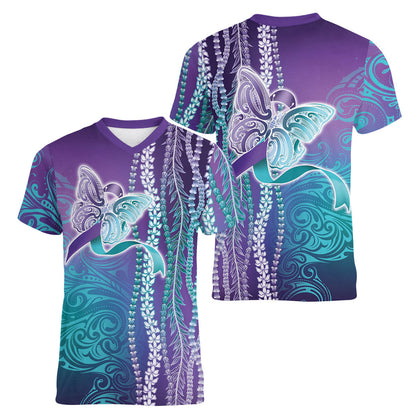 You Matter Suicide Prevention Support Women V-Neck T-Shirt Maile Pikake Lokelani Crown Flower Lei Inspired