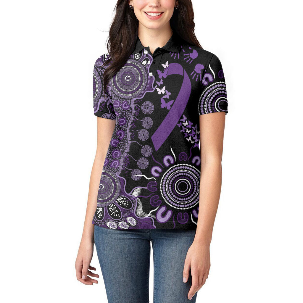 Memories Matter Alzheimers Support Personalised Women Polo Shirt Aboriginal Ribbon Dot Painting