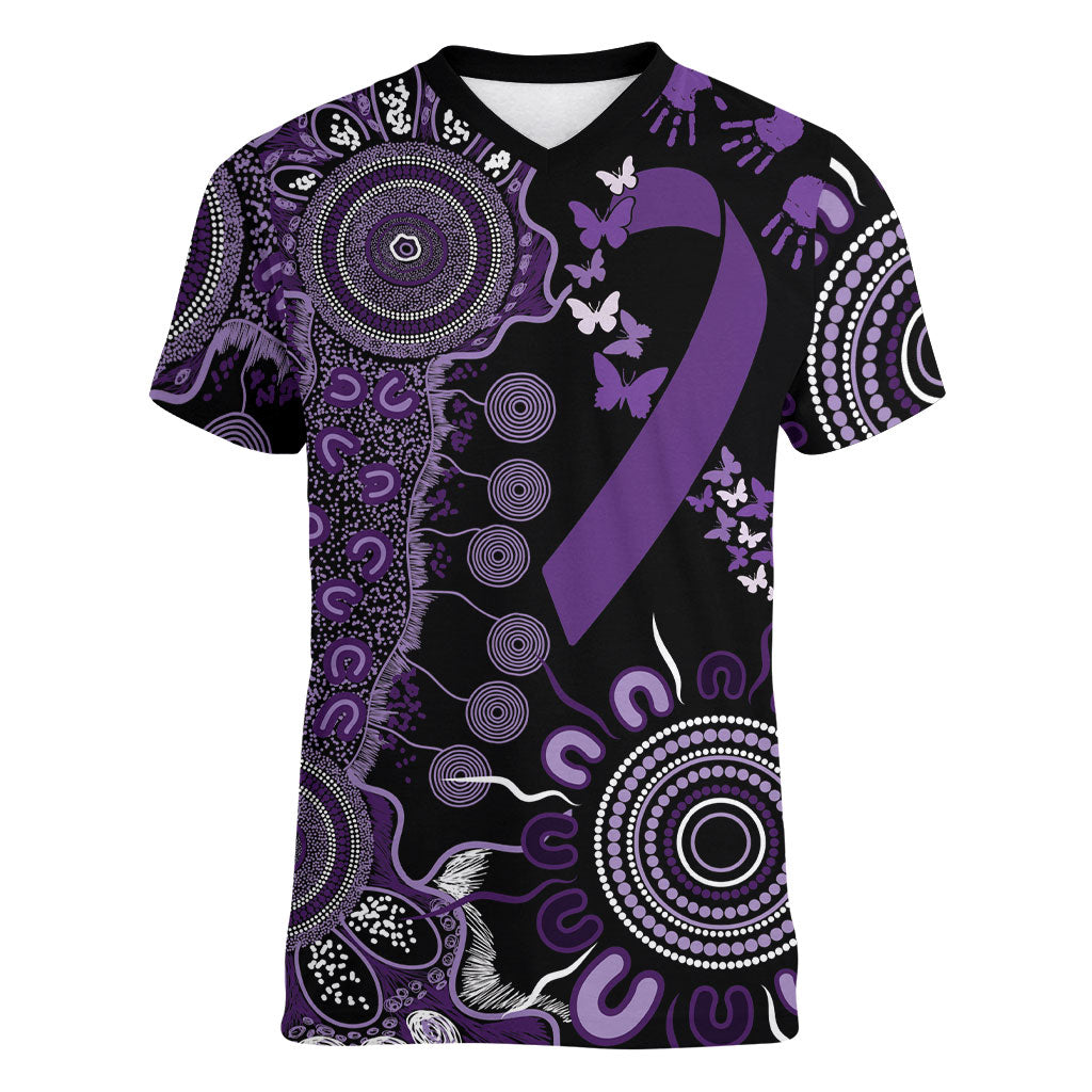 Memories Matter Alzheimers Support Personalised Women V-Neck T-Shirt Aboriginal Ribbon Dot Painting