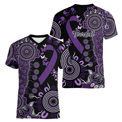 Memories Matter Alzheimers Support Personalised Women V-Neck T-Shirt Aboriginal Ribbon Dot Painting
